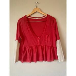 Free People We The Free Red Peplum Henley Top – Boho Casual Long Sleeve